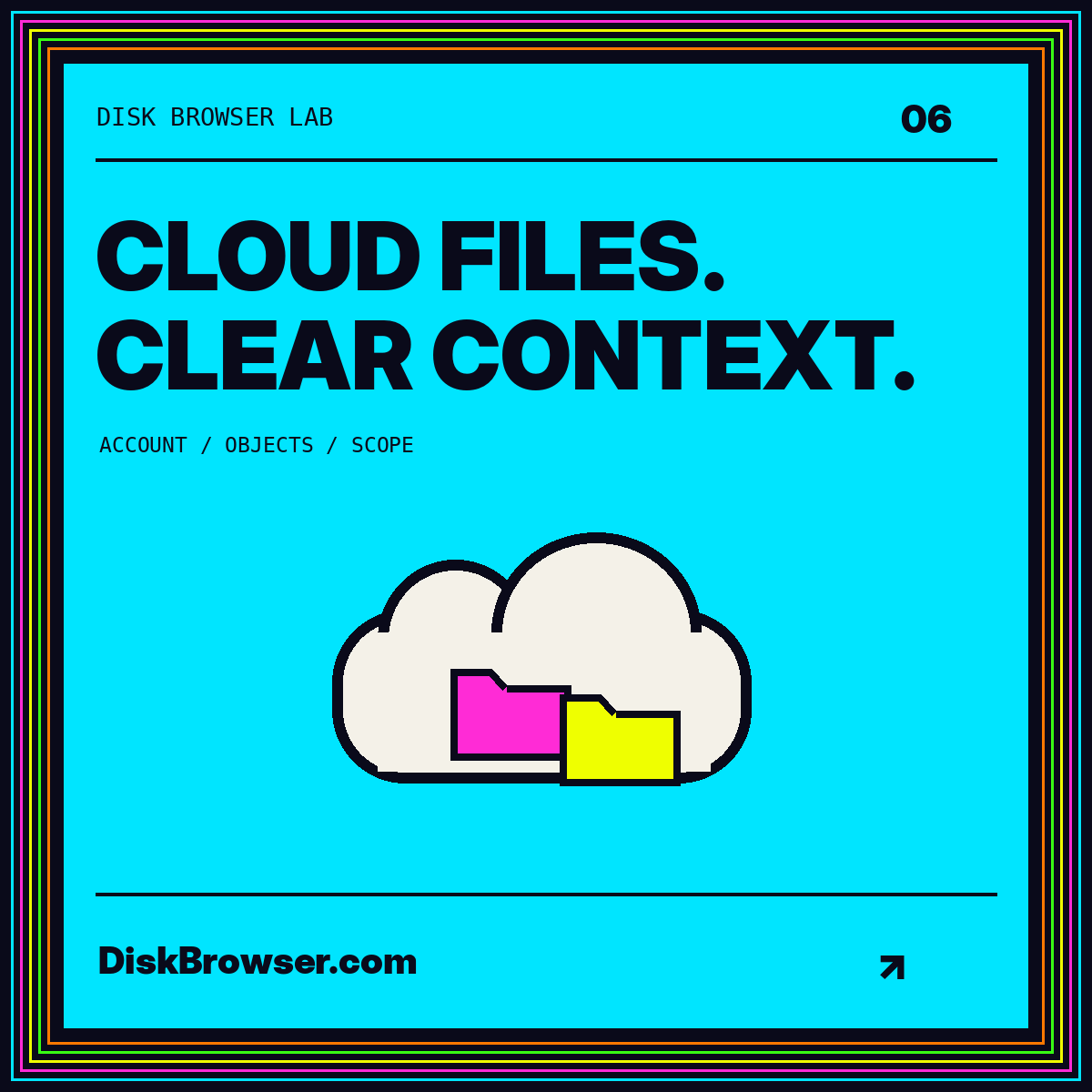 Neon typography card: Cloud Files. Clear Context. DiskBrowser.com.