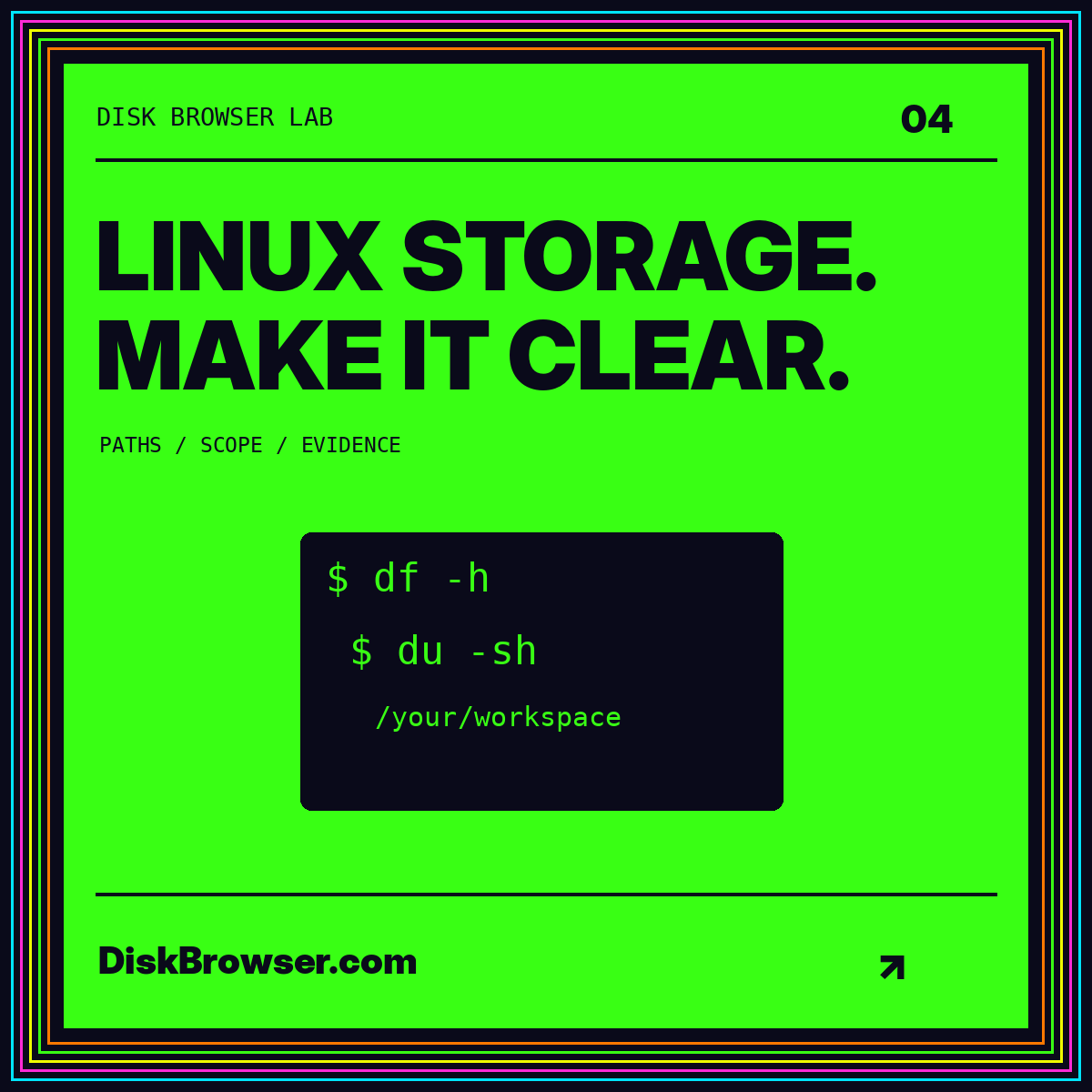 Neon typography card: Linux Storage. Make It Clear. DiskBrowser.com.