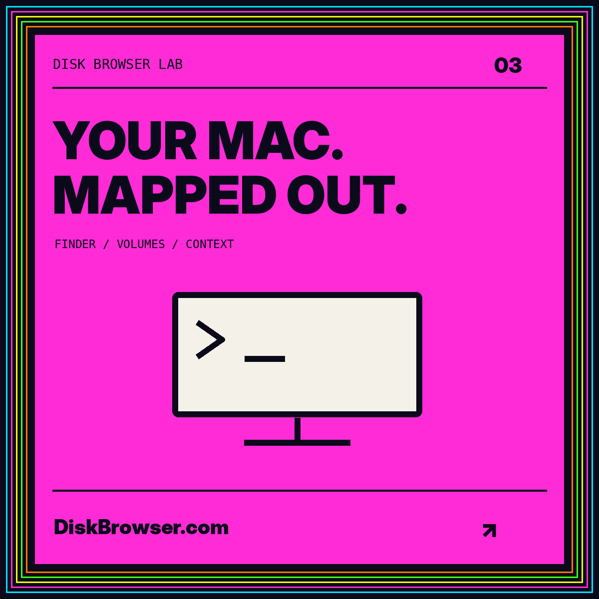 Neon typography card: Your Mac. Mapped Out. DiskBrowser.com.